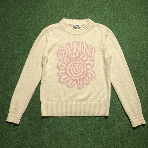 Ganni Women’s  Spiral Flower Sweater Small Cream-White/Pink Knit Crewneck - Picture 1 of 6